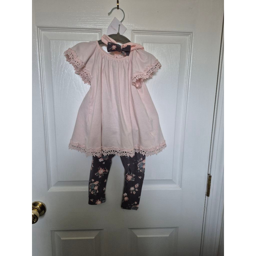 Baby Girl Shabby Chic Pink Gray Floral Top Leggings Headband Matching Set